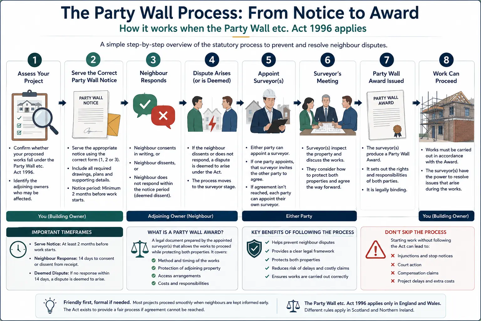 Do I Need a Party Wall Agreement? An infographic showing the party wall process from notice to award in a very interactive way for the citizens living in Milton Keynes, UK