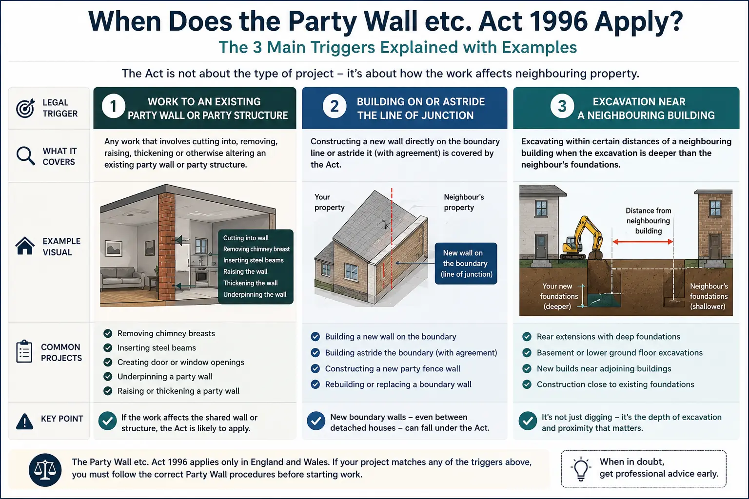 Do I Need a Party Wall Agreement? An infographic showing when does the party wall etc act 1996 apply like excavation, junction, painting, in Milton Keynes, UK